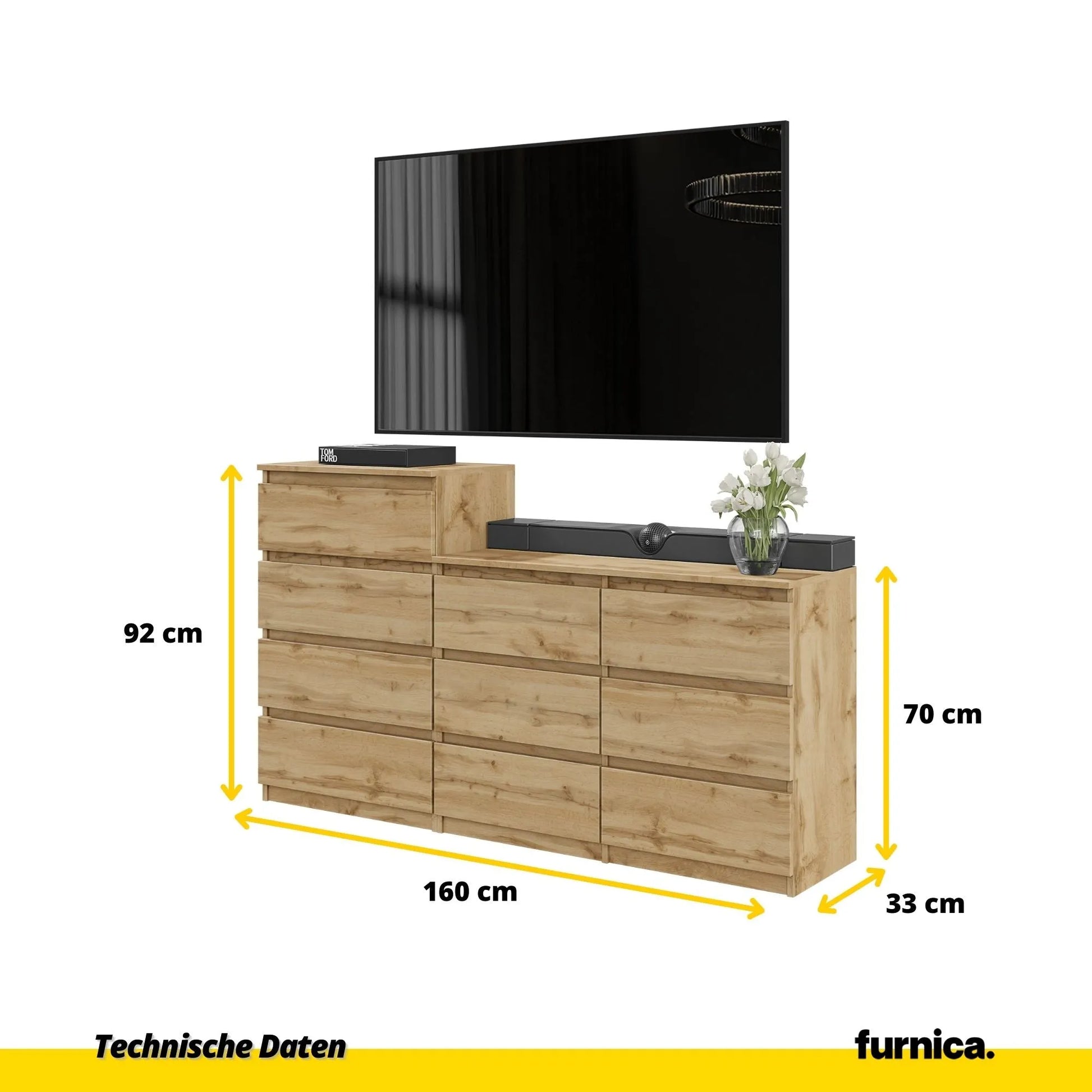 GABRIEL - Kommode / Sideboard mit 10 Schubladen (6+4) - Wotan Eiche H92/70cm B160cm T33cm – Furnica
