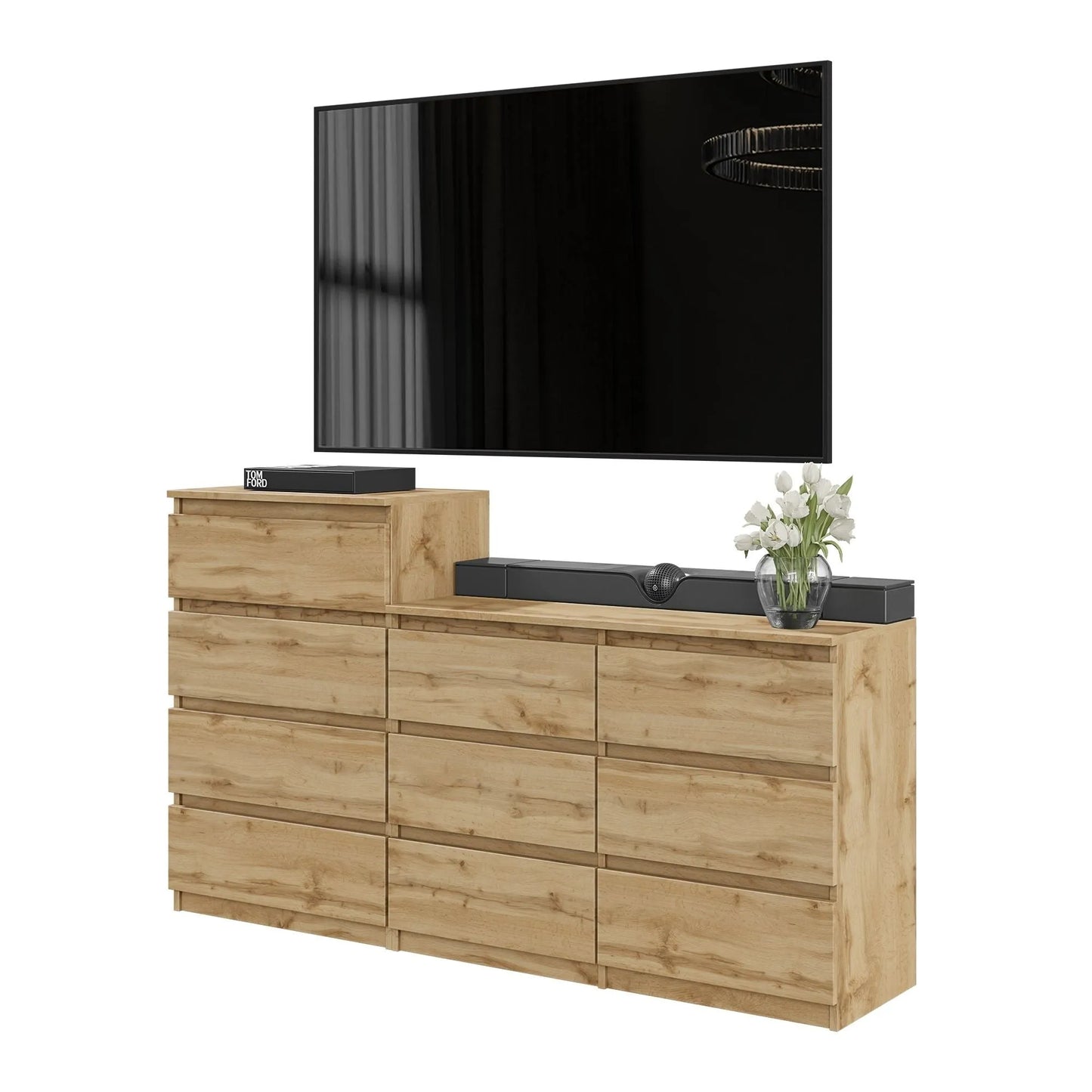 GABRIEL - Kommode / Sideboard mit 10 Schubladen (6+4) - Wotan Eiche H92/70cm B160cm T33cm – Furnica