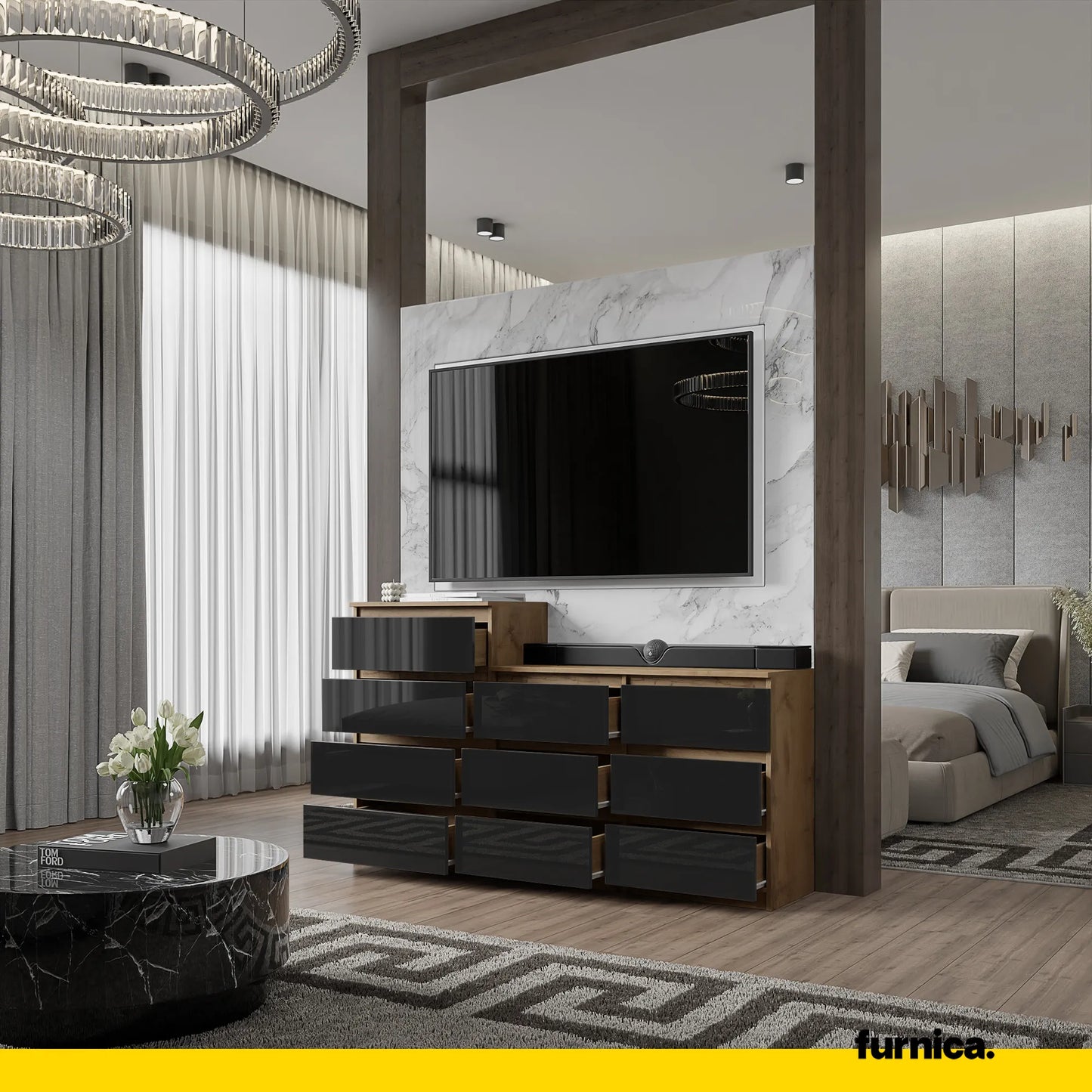 GABRIEL - Kommode / Sideboard mit 10 Schubladen (6+4) - Wotan Eiche / Schwarz Gloss H92/70cm B160cm T33cm – Furnica