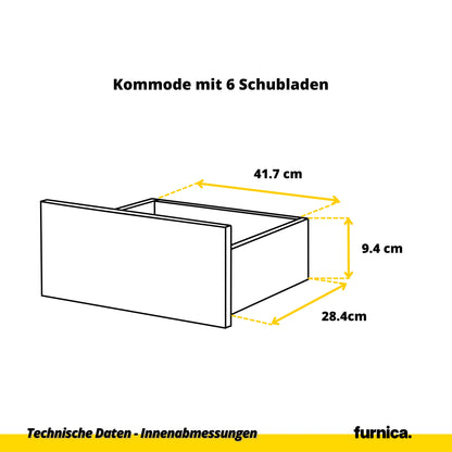 GABRIEL - Kommode / Sideboard mit 10 Schubladen (6+4) - Wotan Eiche / Schwarz Gloss H92/70cm B160cm T33cm – Furnica