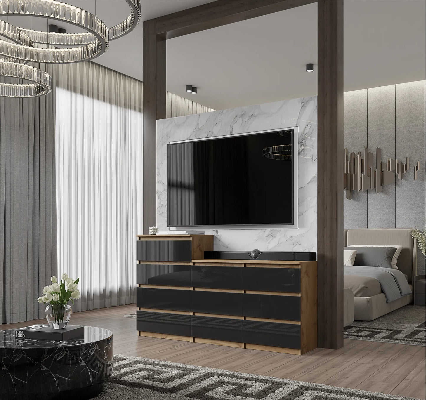 GABRIEL - Kommode / Sideboard mit 10 Schubladen (6+4) - Wotan Eiche / Schwarz Gloss H92/70cm B160cm T33cm – Furnica