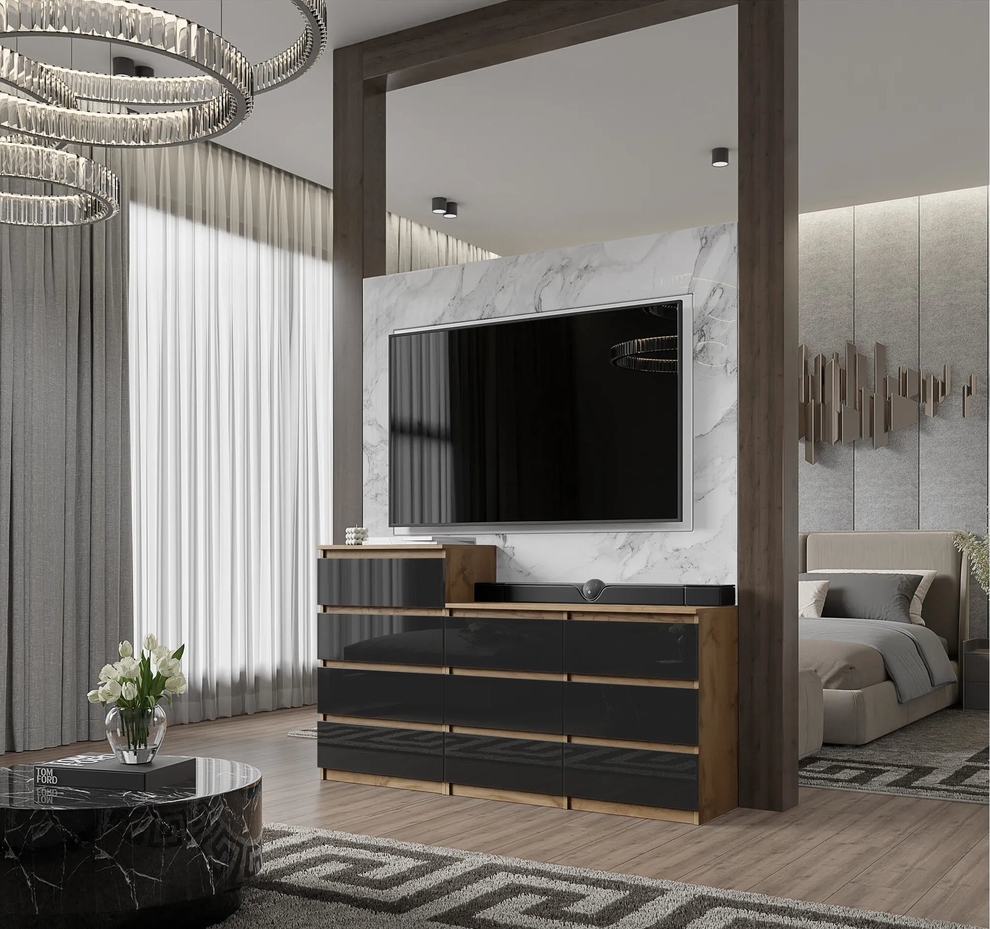 GABRIEL - Kommode / Sideboard mit 10 Schubladen (6+4) - Wotan Eiche / Schwarz Gloss H92/70cm B160cm T33cm – Furnica