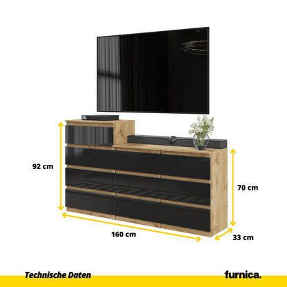 GABRIEL - Kommode / Sideboard mit 10 Schubladen (6+4) - Wotan Eiche / Schwarz Gloss H92/70cm B160cm T33cm – Furnica