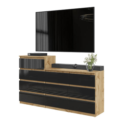 GABRIEL - Kommode / Sideboard mit 10 Schubladen (6+4) - Wotan Eiche / Schwarz Gloss H92/70cm B160cm T33cm – Furnica