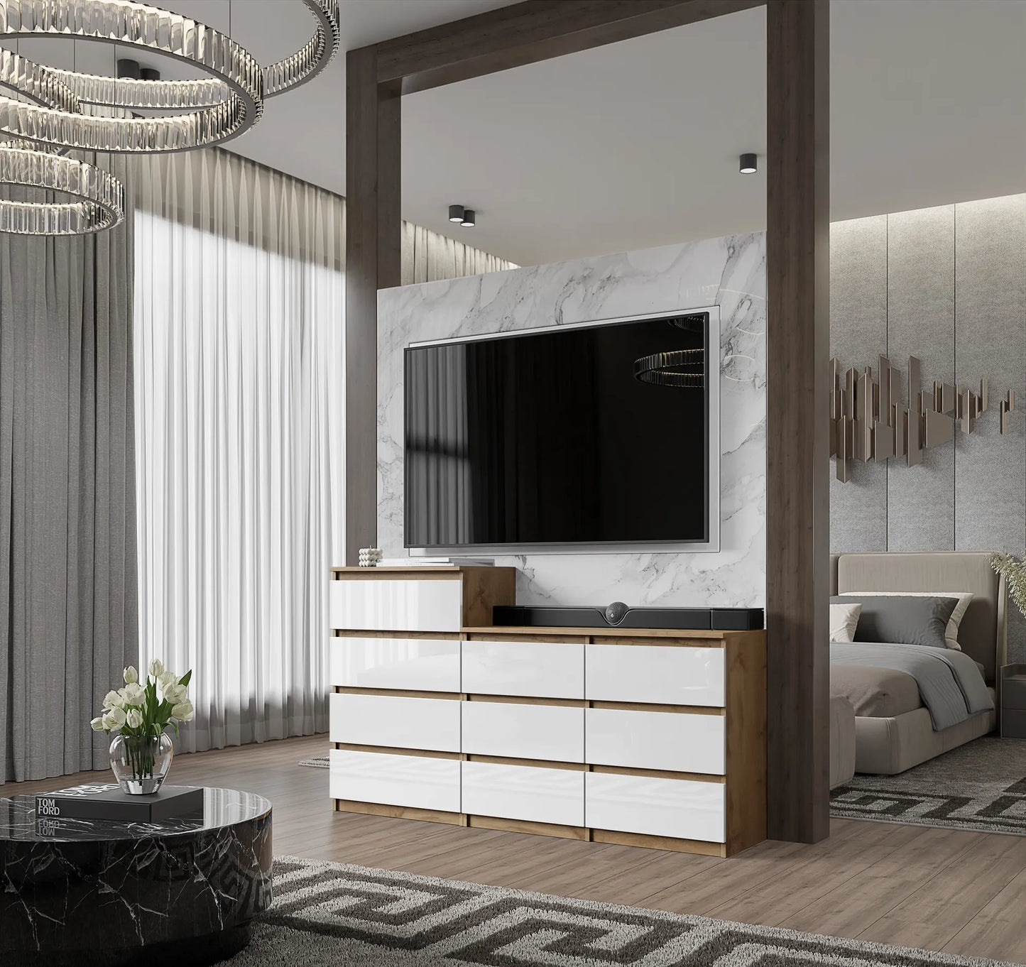 GABRIEL - Kommode / Sideboard mit 10 Schubladen (6+4) - Wotan Eiche / Weiß Gloss H92/70cm B160cm T33cm – Furnica