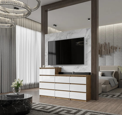 GABRIEL - Kommode / Sideboard mit 10 Schubladen (6+4) - Wotan Eiche / Weiß Gloss H92/70cm B160cm T33cm – Furnica