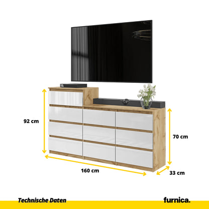 GABRIEL - Kommode / Sideboard mit 10 Schubladen (6+4) - Wotan Eiche / Weiß Gloss H92/70cm B160cm T33cm – Furnica