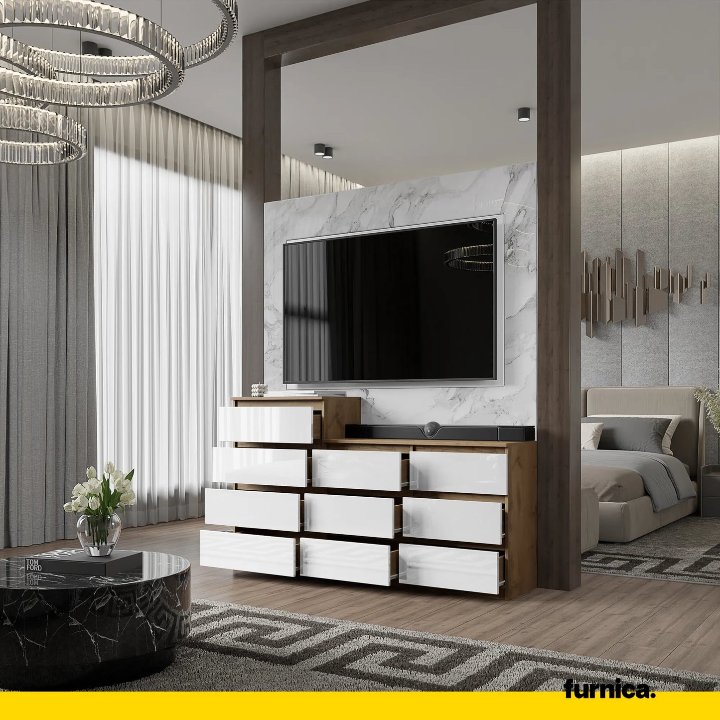 GABRIEL - Kommode / Sideboard mit 10 Schubladen (6+4) - Wotan Eiche / Weiß Gloss H92/70cm B160cm T33cm – Furnica
