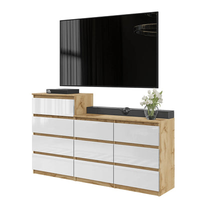 GABRIEL - Kommode / Sideboard mit 10 Schubladen (6+4) - Wotan Eiche / Weiß Gloss H92/70cm B160cm T33cm – Furnica