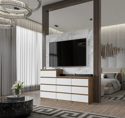 GABRIEL - Kommode / Sideboard mit 10 Schubladen (6+4) - Wotan Eiche / Weiß Matt H92/70cm B160cm T33cm – Furnica