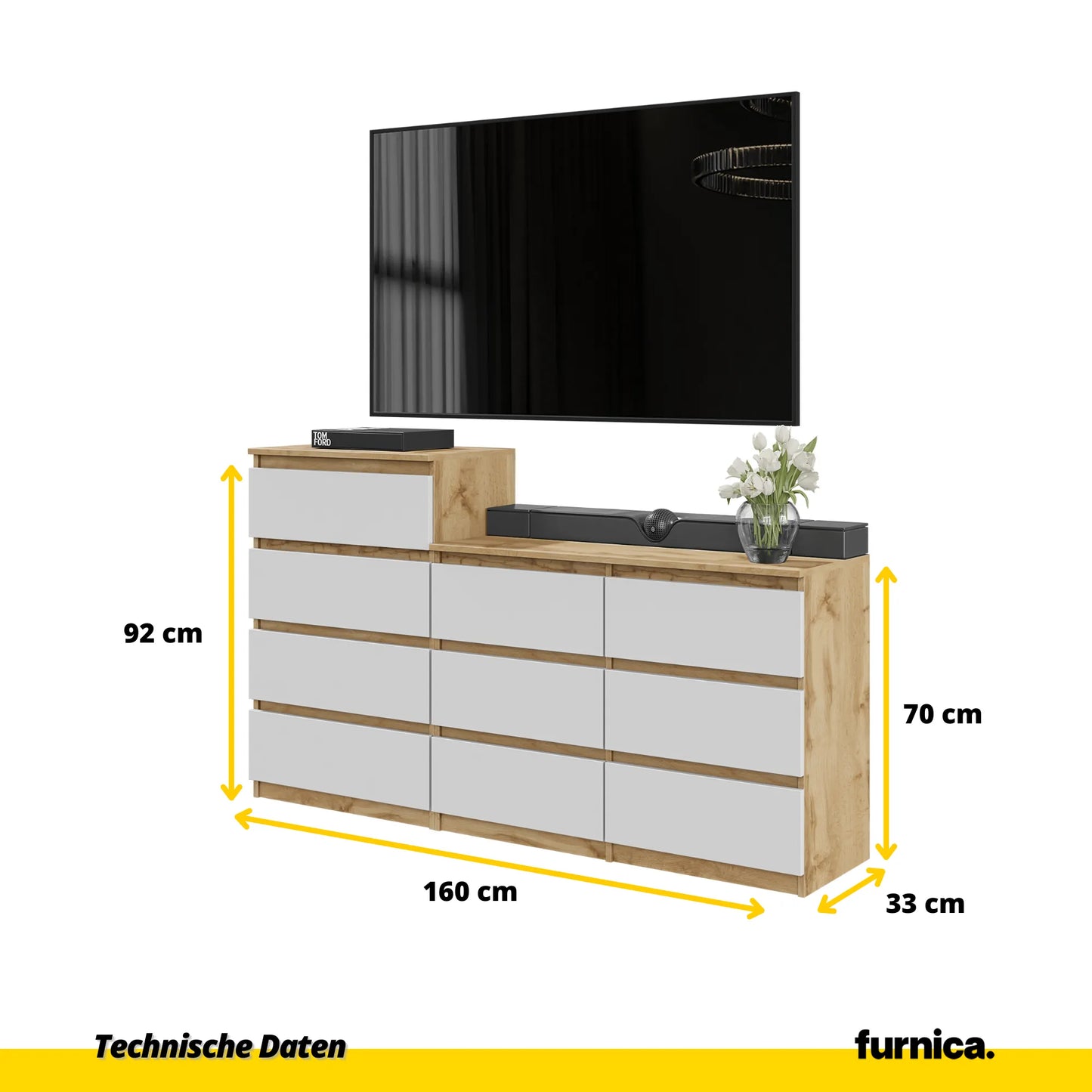 GABRIEL - Kommode / Sideboard mit 10 Schubladen (6+4) - Wotan Eiche / Weiß Matt H92/70cm B160cm T33cm – Furnica