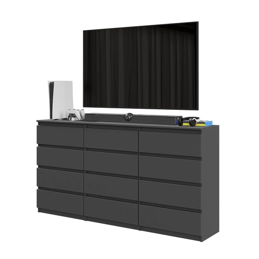 GABRIEL - Kommode / Sideboard mit 12 Schubladen (8+4) - Anthrazit H92cm W180cm D33cm – Furnica
