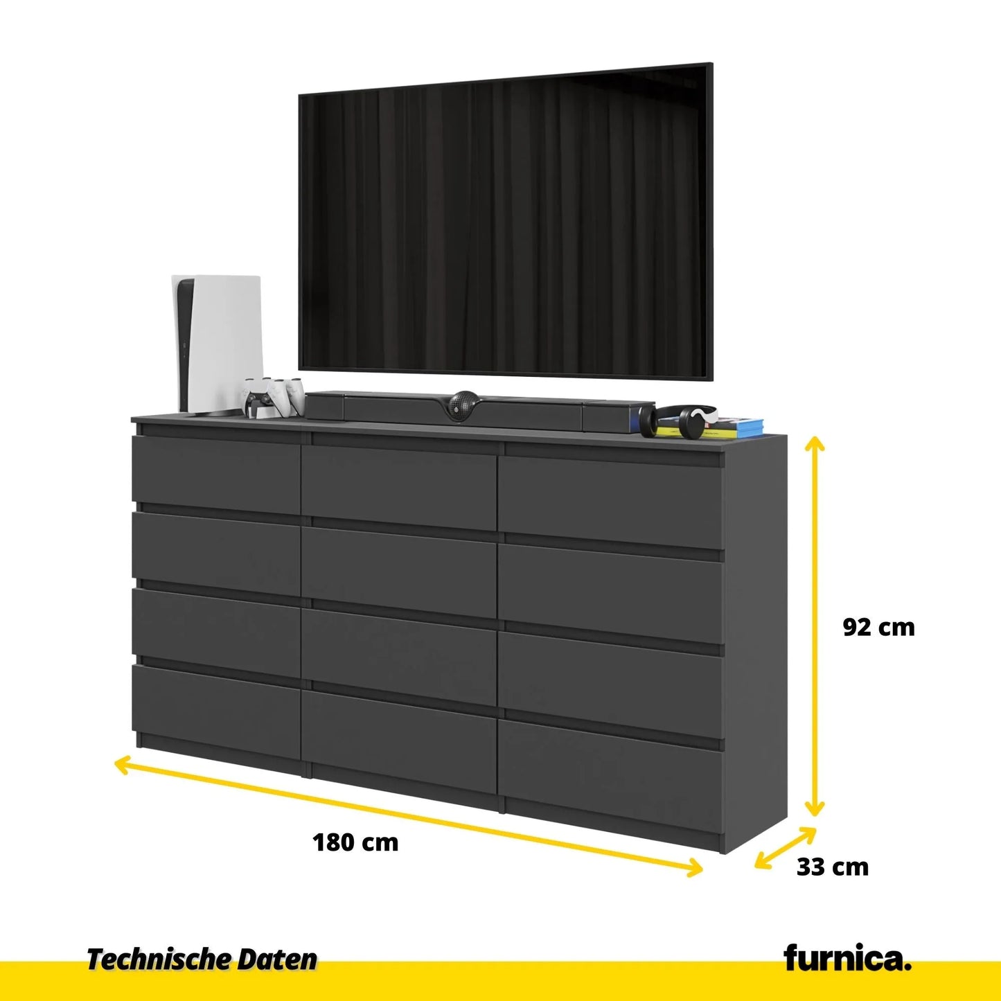 GABRIEL - Kommode / Sideboard mit 12 Schubladen (8+4) - Anthrazit H92cm W180cm D33cm – Furnica