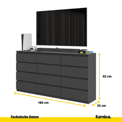 GABRIEL - Kommode / Sideboard mit 12 Schubladen (8+4) - Anthrazit H92cm W180cm D33cm – Furnica