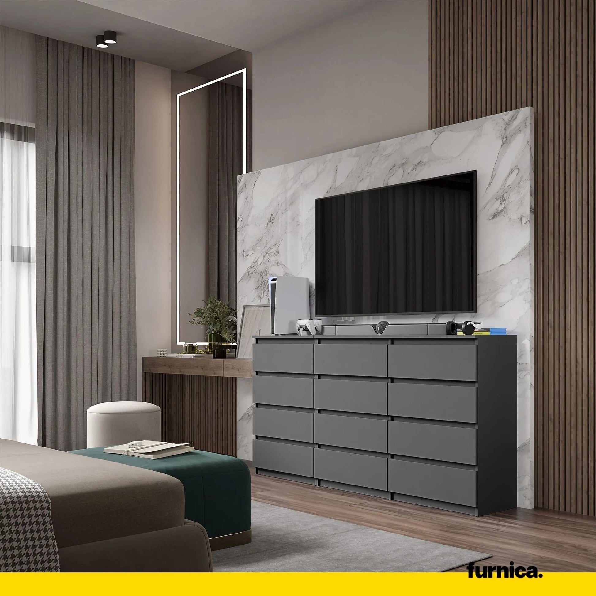 GABRIEL - Kommode / Sideboard mit 12 Schubladen (8+4) - Anthrazit H92cm W180cm D33cm – Furnica