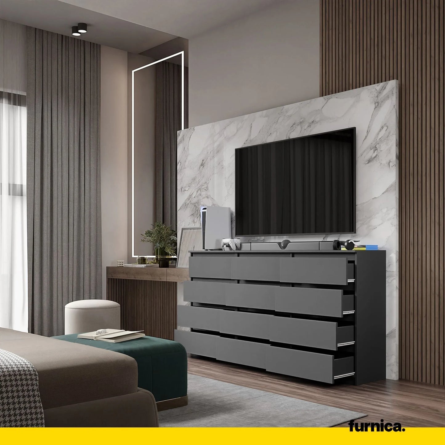 GABRIEL - Kommode / Sideboard mit 12 Schubladen (8+4) - Anthrazit H92cm W180cm D33cm – Furnica
