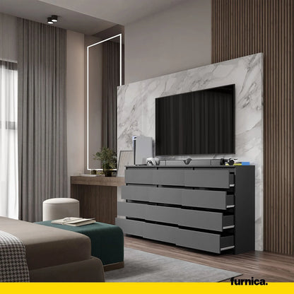 GABRIEL - Kommode / Sideboard mit 12 Schubladen (8+4) - Anthrazit H92cm W180cm D33cm – Furnica