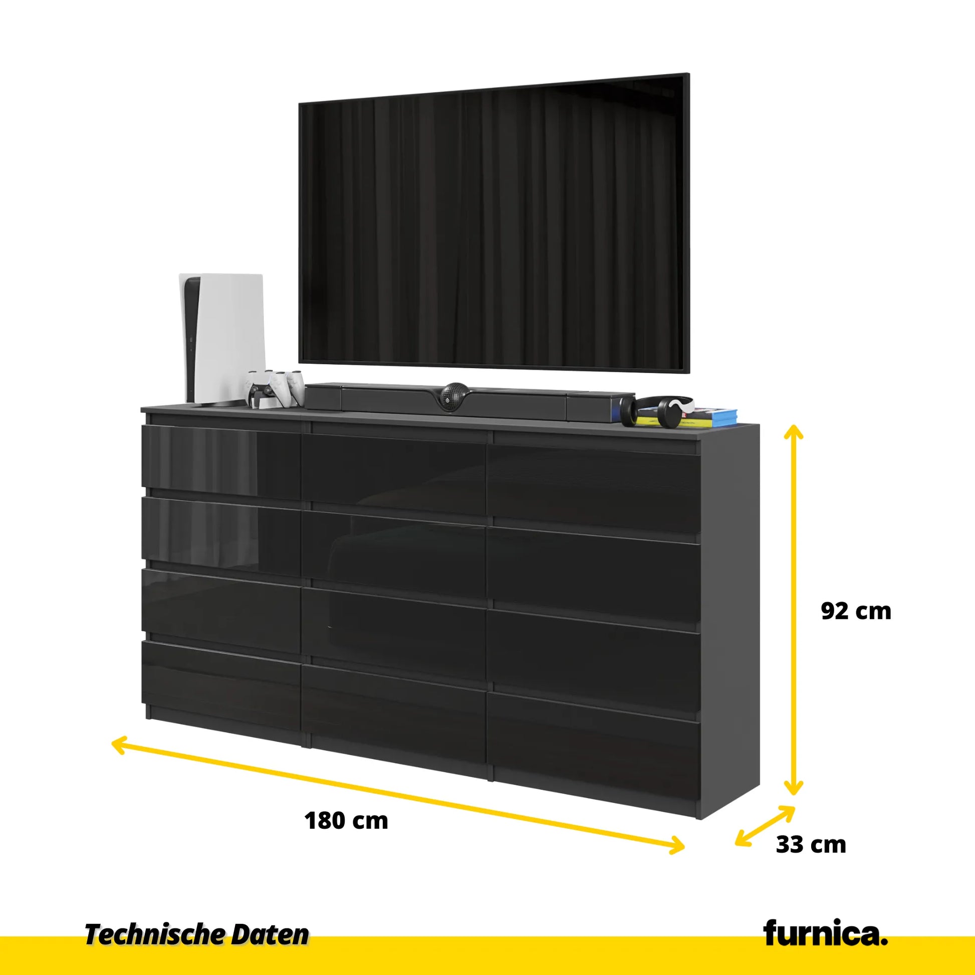 GABRIEL - Kommode / Sideboard mit 12 Schubladen (8+4) - Anthrazit / Schwarz Gloss H92cm B180cm T33cm – Furnica