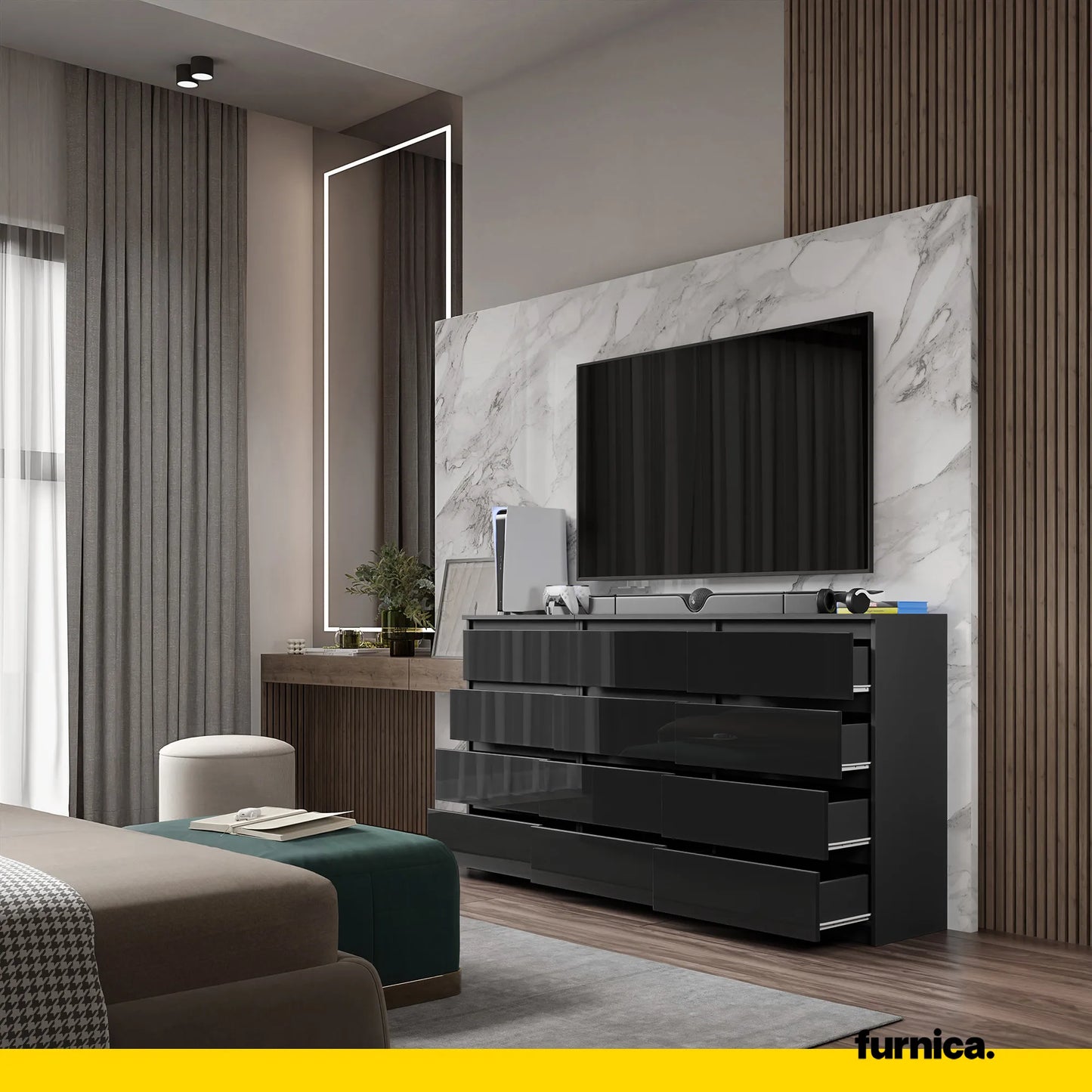 GABRIEL - Kommode / Sideboard mit 12 Schubladen (8+4) - Anthrazit / Schwarz Gloss H92cm B180cm T33cm – Furnica