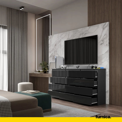 GABRIEL - Kommode / Sideboard mit 12 Schubladen (8+4) - Anthrazit / Schwarz Gloss H92cm B180cm T33cm – Furnica