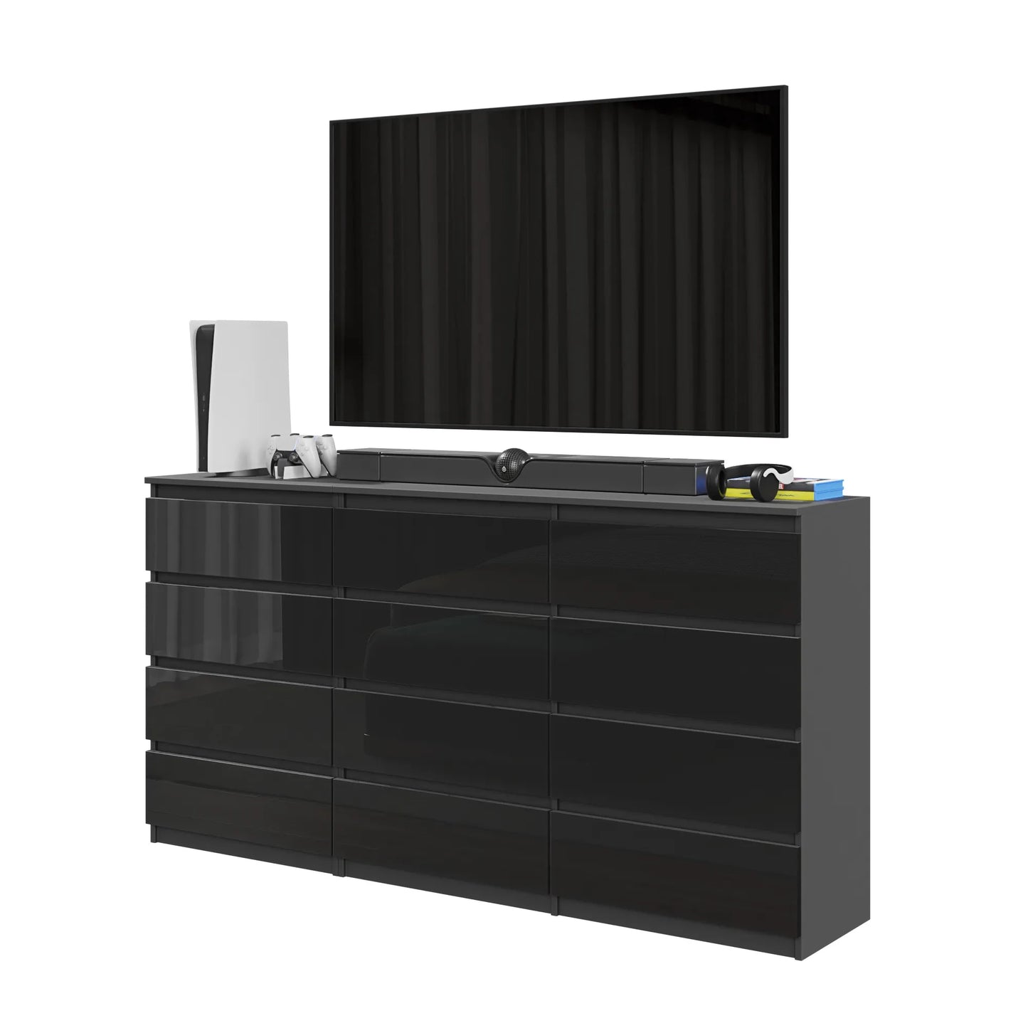 GABRIEL - Kommode / Sideboard mit 12 Schubladen (8+4) - Anthrazit / Schwarz Gloss H92cm B180cm T33cm – Furnica