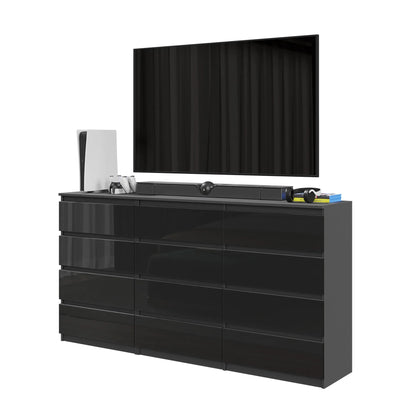 GABRIEL - Kommode / Sideboard mit 12 Schubladen (8+4) - Anthrazit / Schwarz Gloss H92cm B180cm T33cm – Furnica