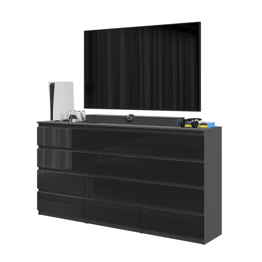 GABRIEL - Kommode / Sideboard mit 12 Schubladen (8+4) - Anthrazit / Schwarz Gloss H92cm B180cm T33cm – Furnica