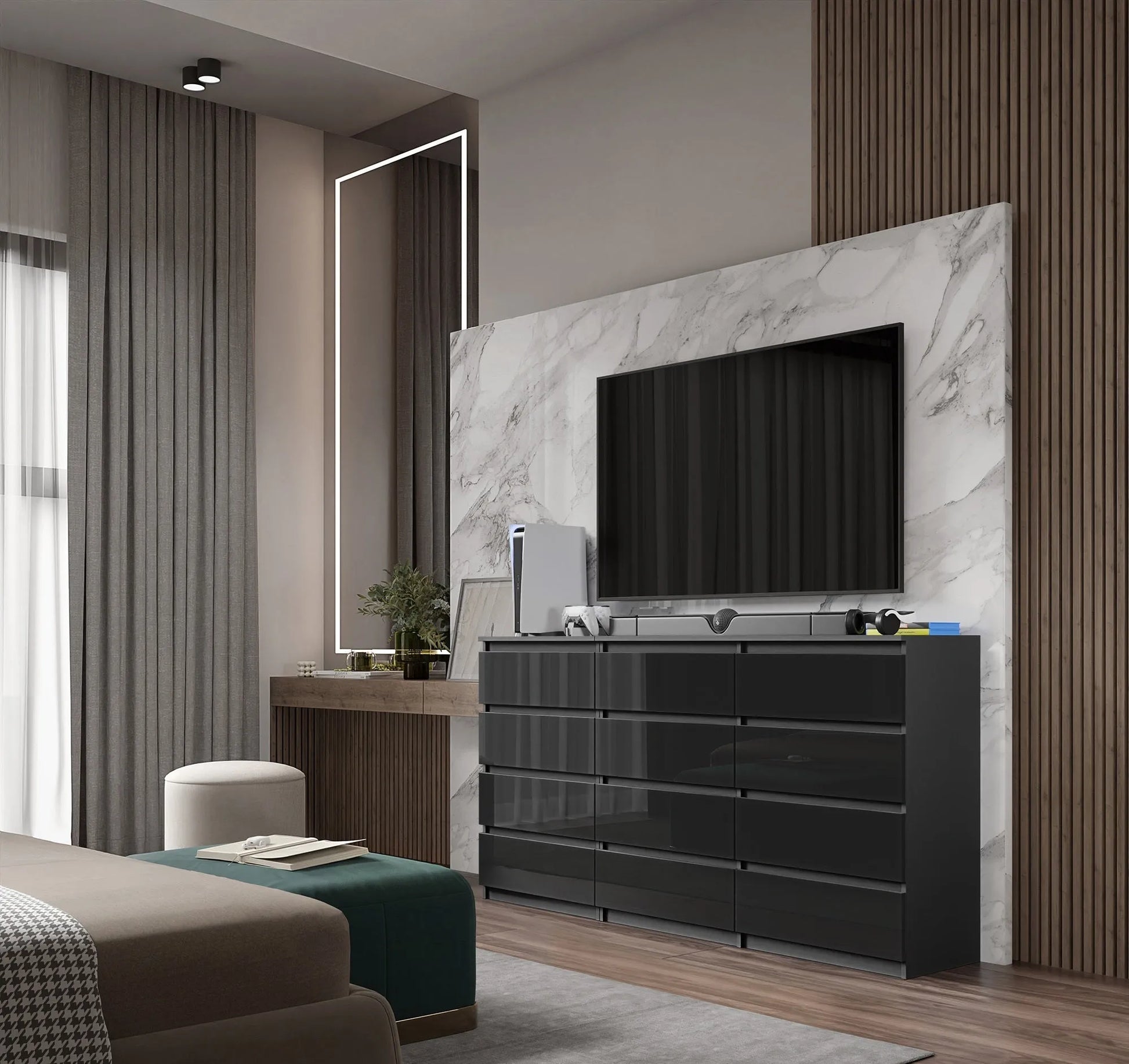 GABRIEL - Kommode / Sideboard mit 12 Schubladen (8+4) - Anthrazit / Schwarz Gloss H92cm B180cm T33cm – Furnica