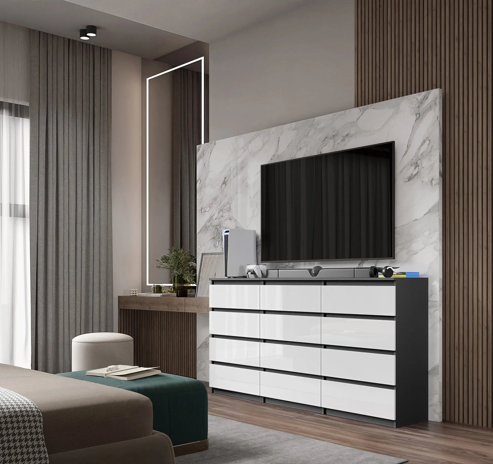 GABRIEL - Kommode / Sideboard mit 12 Schubladen (8+4) - Anthrazit / Weiß Gloss H92cm B180cm T33cm – Furnica