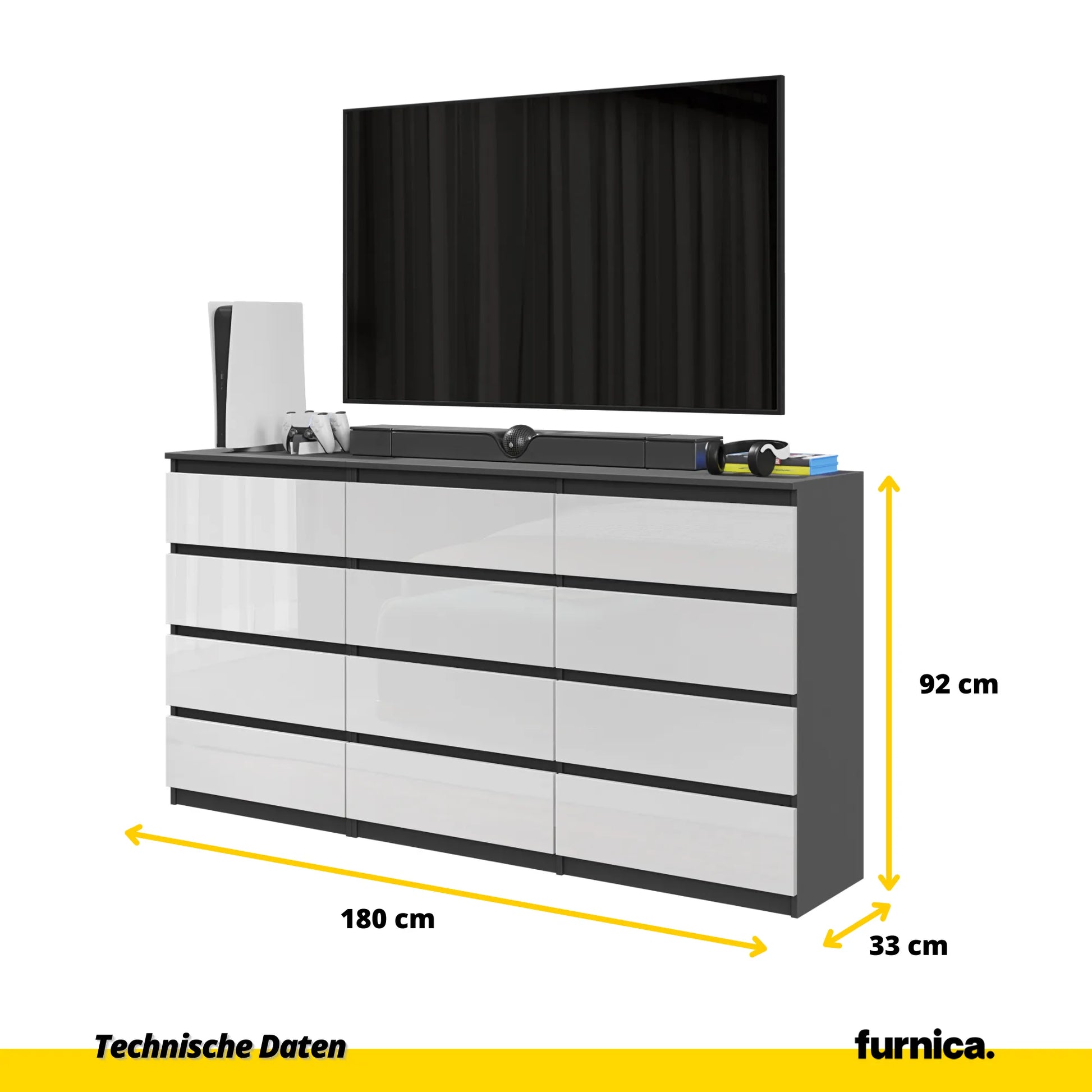 GABRIEL - Kommode / Sideboard mit 12 Schubladen (8+4) - Anthrazit / Weiß Gloss H92cm B180cm T33cm – Furnica