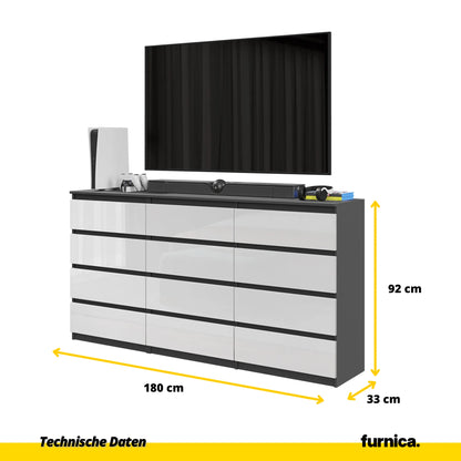 GABRIEL - Kommode / Sideboard mit 12 Schubladen (8+4) - Anthrazit / Weiß Gloss H92cm B180cm T33cm – Furnica
