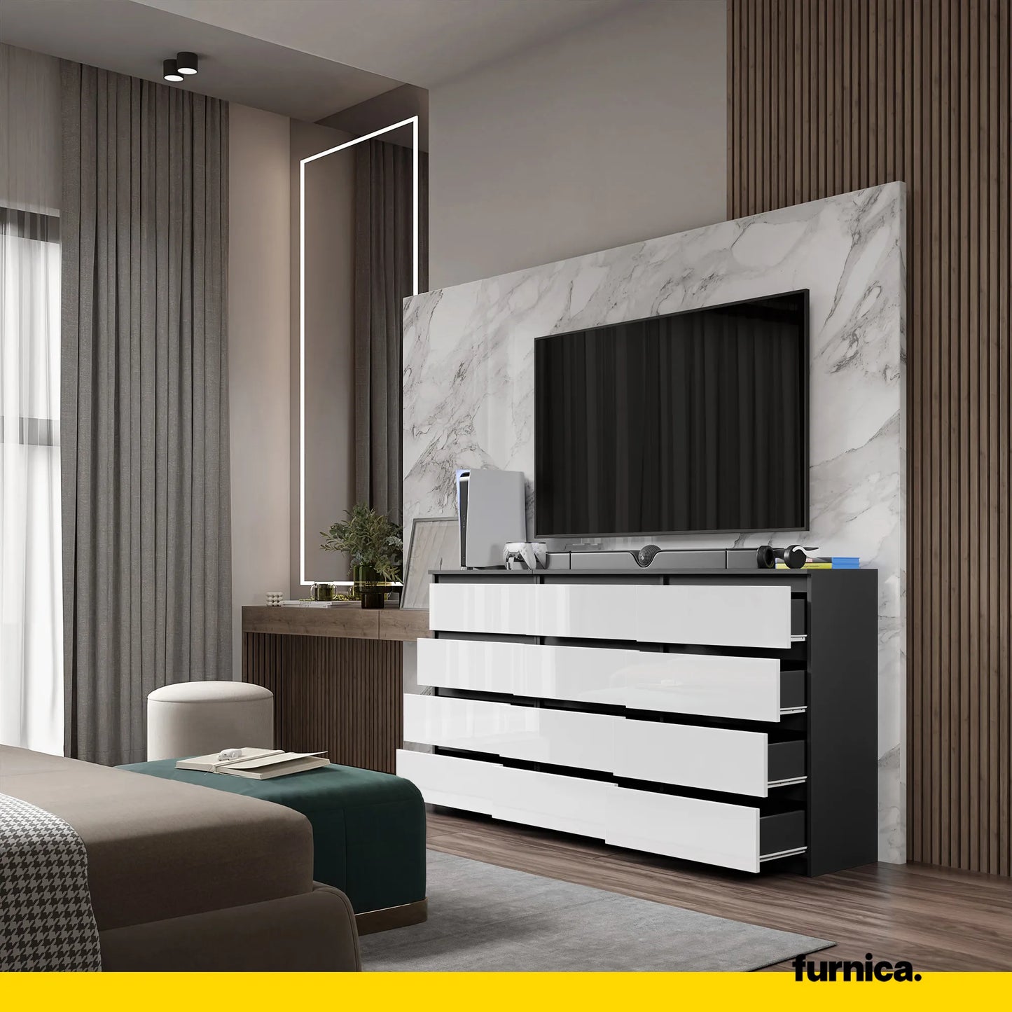 GABRIEL - Kommode / Sideboard mit 12 Schubladen (8+4) - Anthrazit / Weiß Gloss H92cm B180cm T33cm – Furnica
