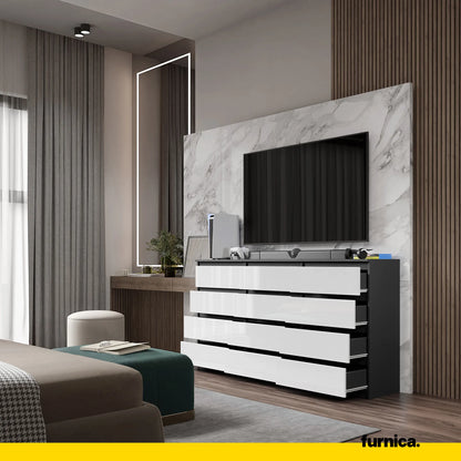 GABRIEL - Kommode / Sideboard mit 12 Schubladen (8+4) - Anthrazit / Weiß Gloss H92cm B180cm T33cm – Furnica