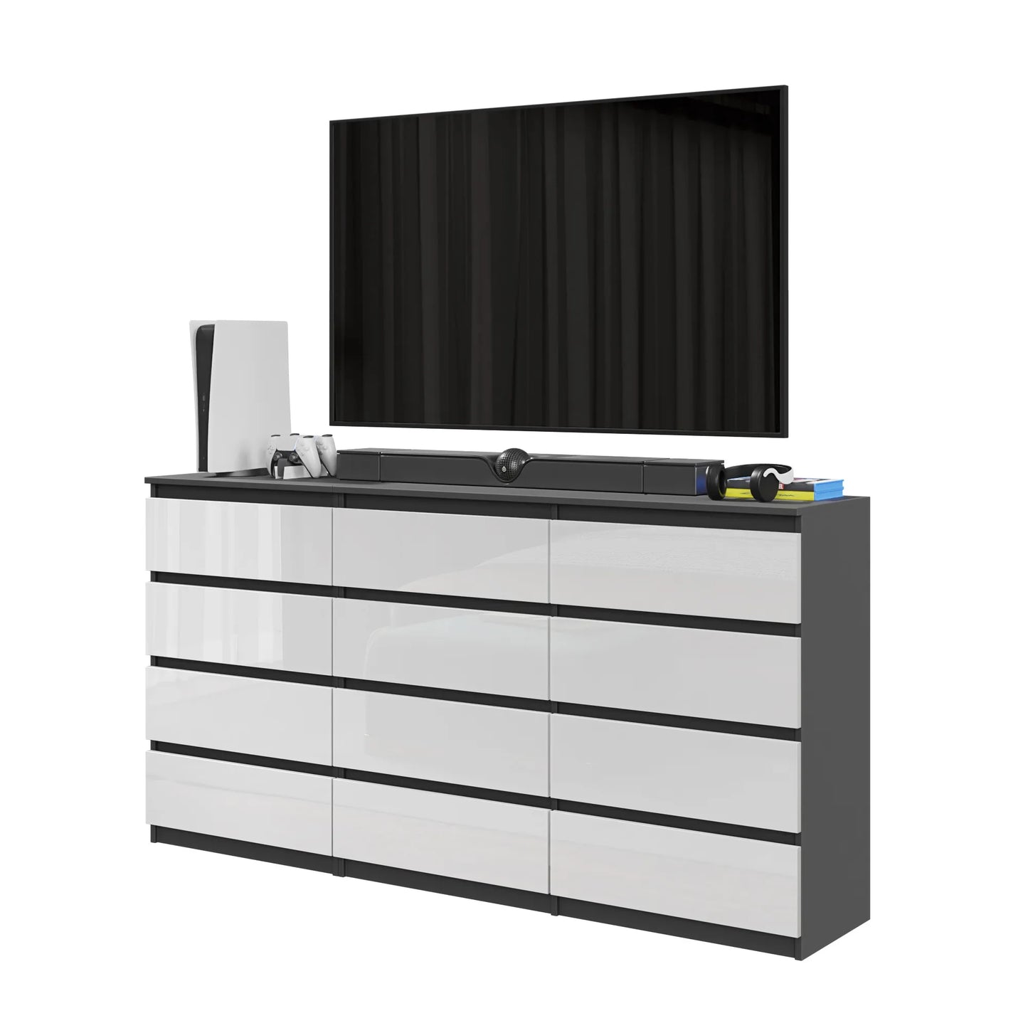 GABRIEL - Kommode / Sideboard mit 12 Schubladen (8+4) - Anthrazit / Weiß Gloss H92cm B180cm T33cm – Furnica