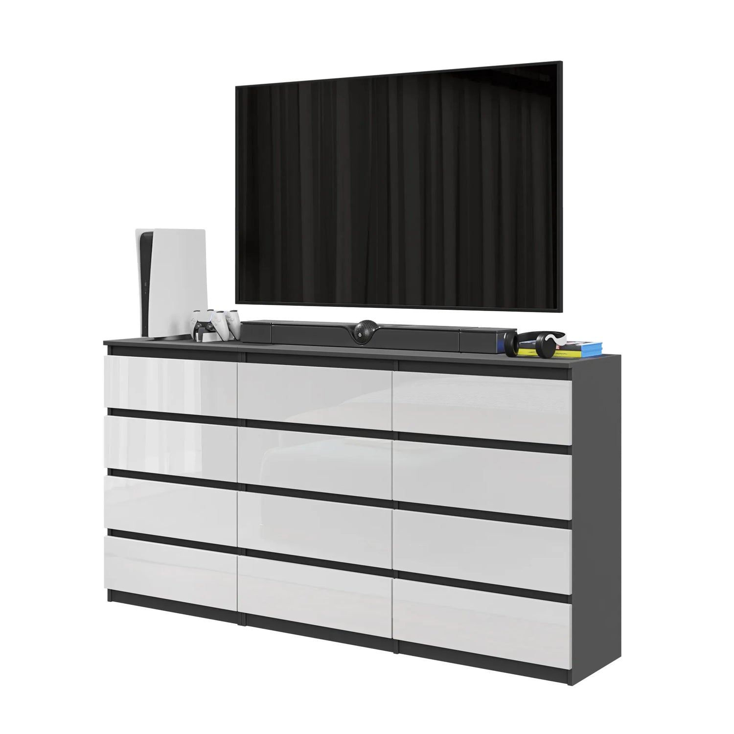 GABRIEL - Kommode / Sideboard mit 12 Schubladen (8+4) - Anthrazit / Weiß Gloss H92cm B180cm T33cm – Furnica