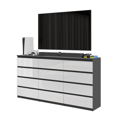 GABRIEL - Kommode / Sideboard mit 12 Schubladen (8+4) - Anthrazit / Weiß Gloss H92cm B180cm T33cm – Furnica