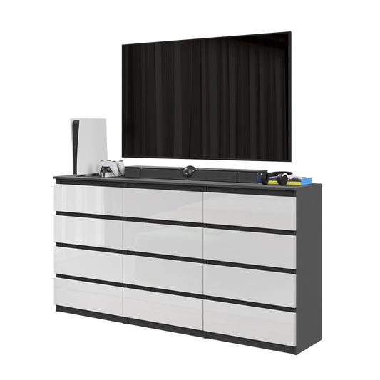 GABRIEL - Kommode / Sideboard mit 12 Schubladen (8+4) - Anthrazit / Weiß Gloss H92cm B180cm T33cm – Furnica