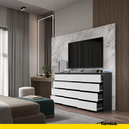 GABRIEL - Kommode / Sideboard mit 12 Schubladen (8+4) - Anthrazit / Weiß Matt H92cm B180cm T33cm – Furnica