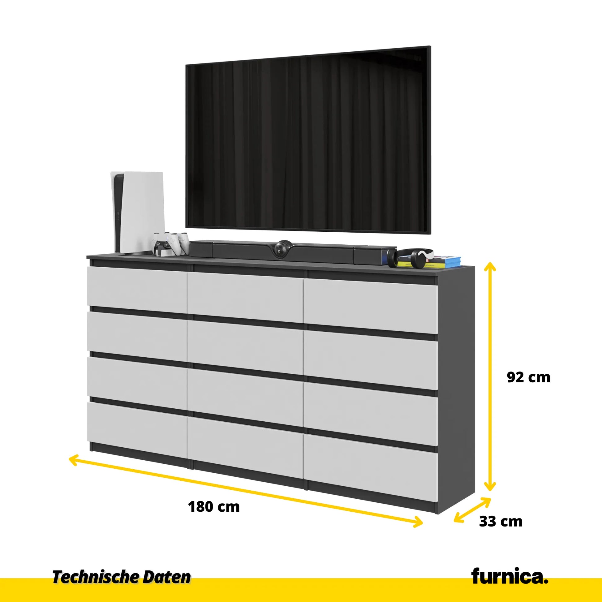 GABRIEL - Kommode / Sideboard mit 12 Schubladen (8+4) - Anthrazit / Weiß Matt H92cm B180cm T33cm – Furnica