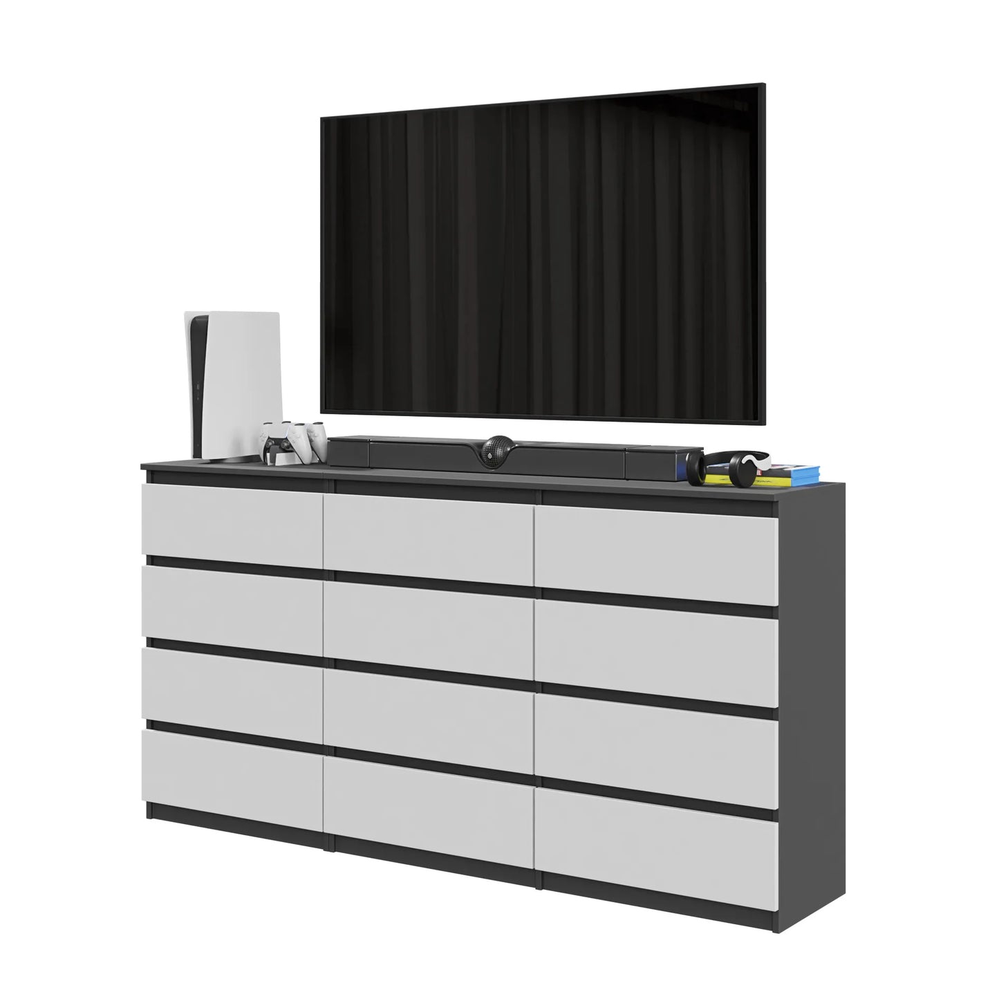 GABRIEL - Kommode / Sideboard mit 12 Schubladen (8+4) - Anthrazit / Weiß Matt H92cm B180cm T33cm – Furnica