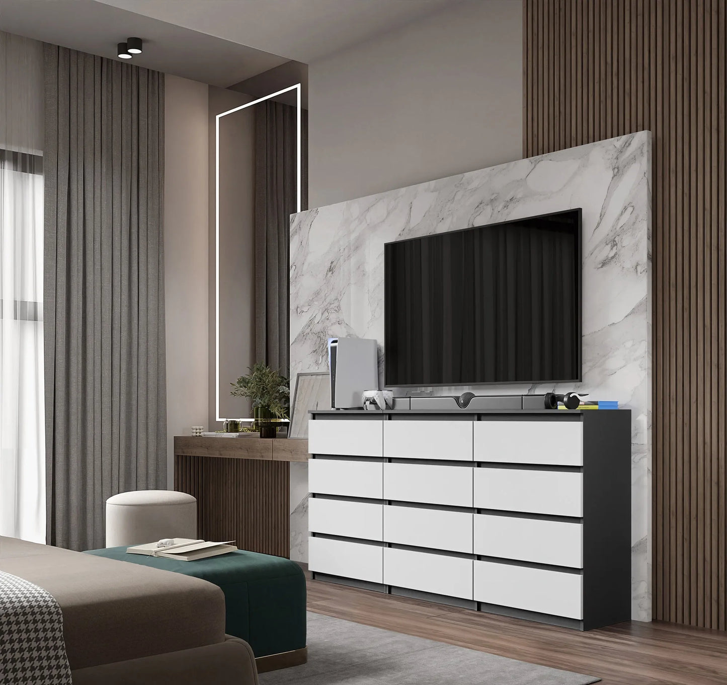GABRIEL - Kommode / Sideboard mit 12 Schubladen (8+4) - Anthrazit / Weiß Matt H92cm B180cm T33cm – Furnica