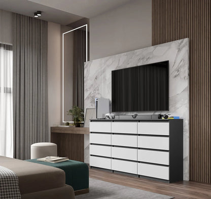GABRIEL - Kommode / Sideboard mit 12 Schubladen (8+4) - Anthrazit / Weiß Matt H92cm B180cm T33cm – Furnica