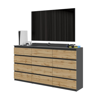 GABRIEL - Kommode / Sideboard mit 12 Schubladen (8+4) - Anthrazit / Wotan Eiche H92cm B180cm T33cm – Furnica