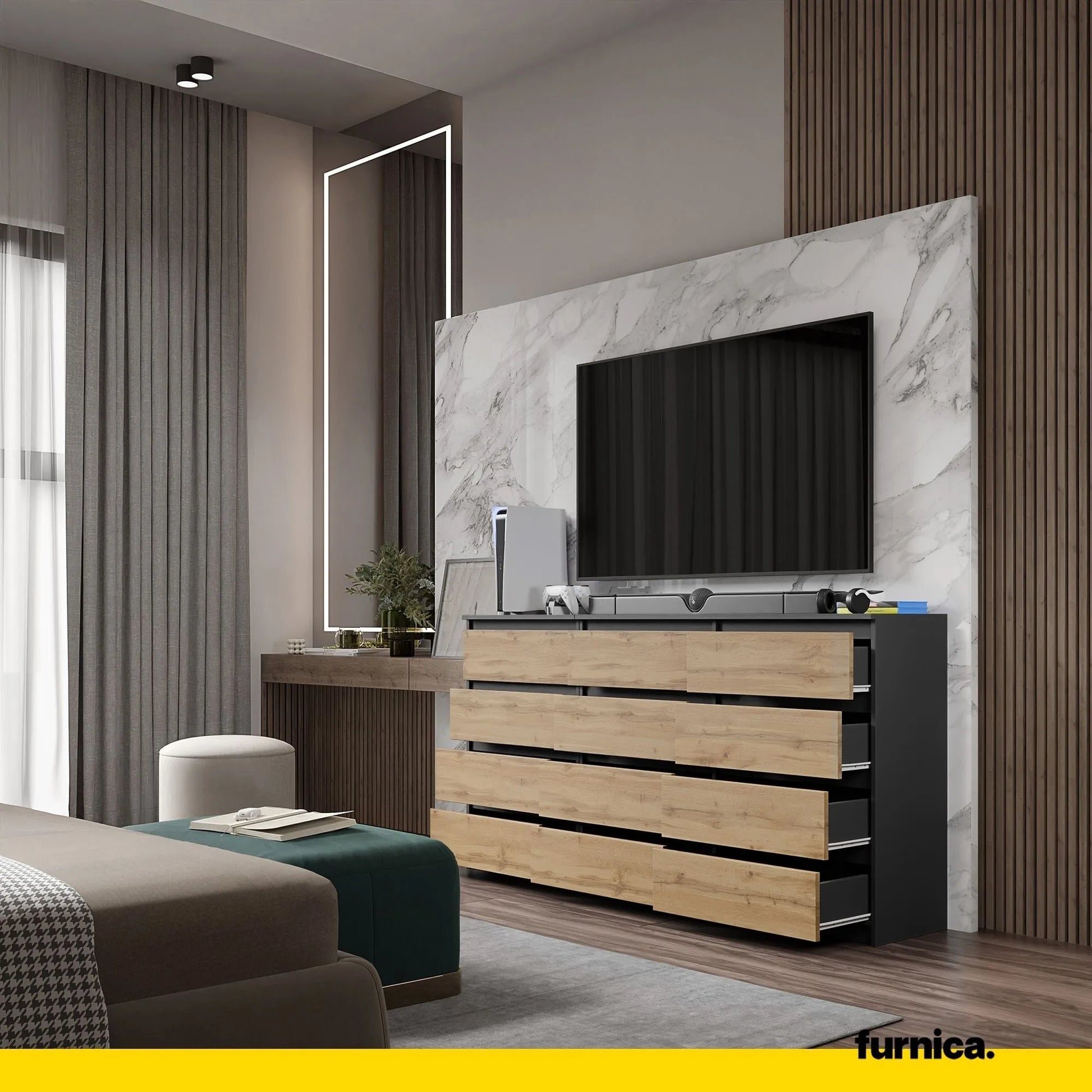 GABRIEL - Kommode / Sideboard mit 12 Schubladen (8+4) - Anthrazit / Wotan Eiche H92cm B180cm T33cm – Furnica
