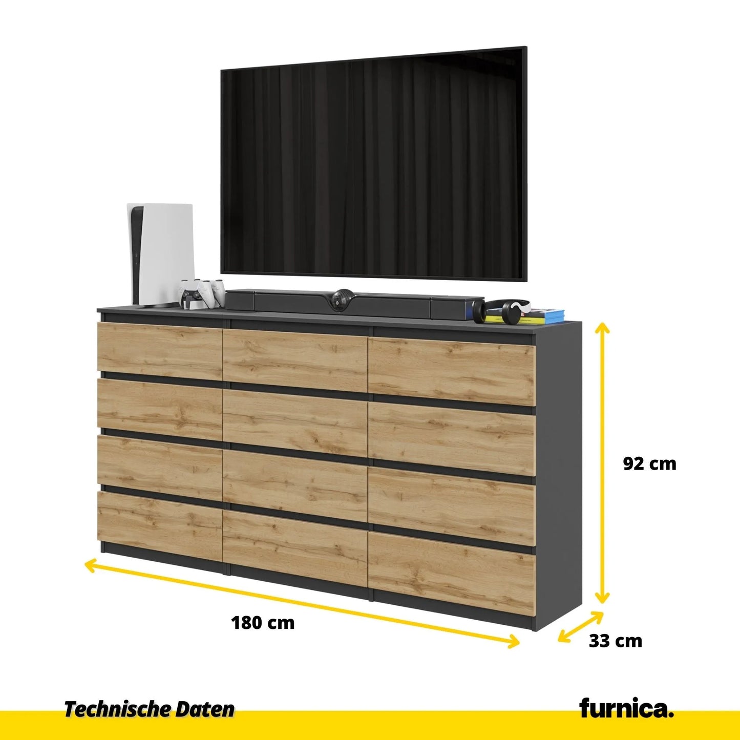 GABRIEL - Kommode / Sideboard mit 12 Schubladen (8+4) - Anthrazit / Wotan Eiche H92cm B180cm T33cm – Furnica