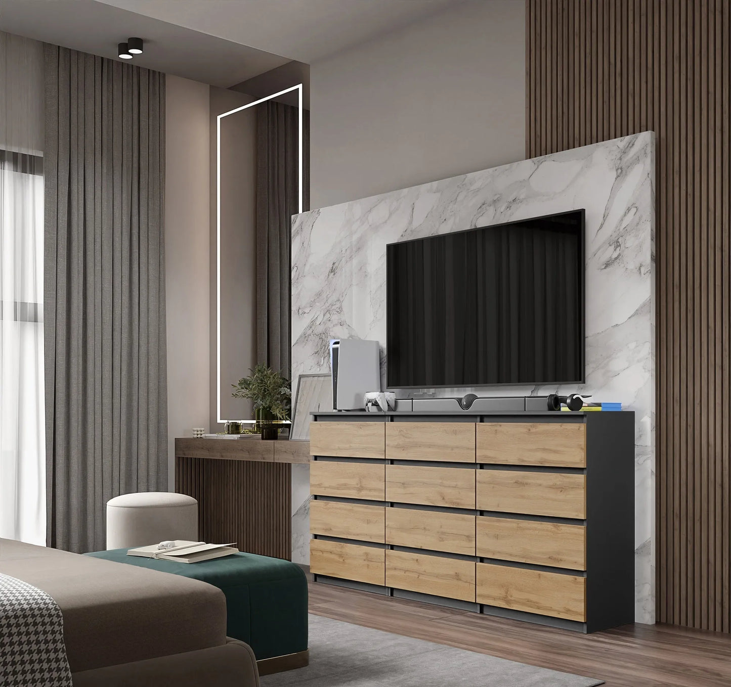GABRIEL - Kommode / Sideboard mit 12 Schubladen (8+4) - Anthrazit / Wotan Eiche H92cm B180cm T33cm – Furnica