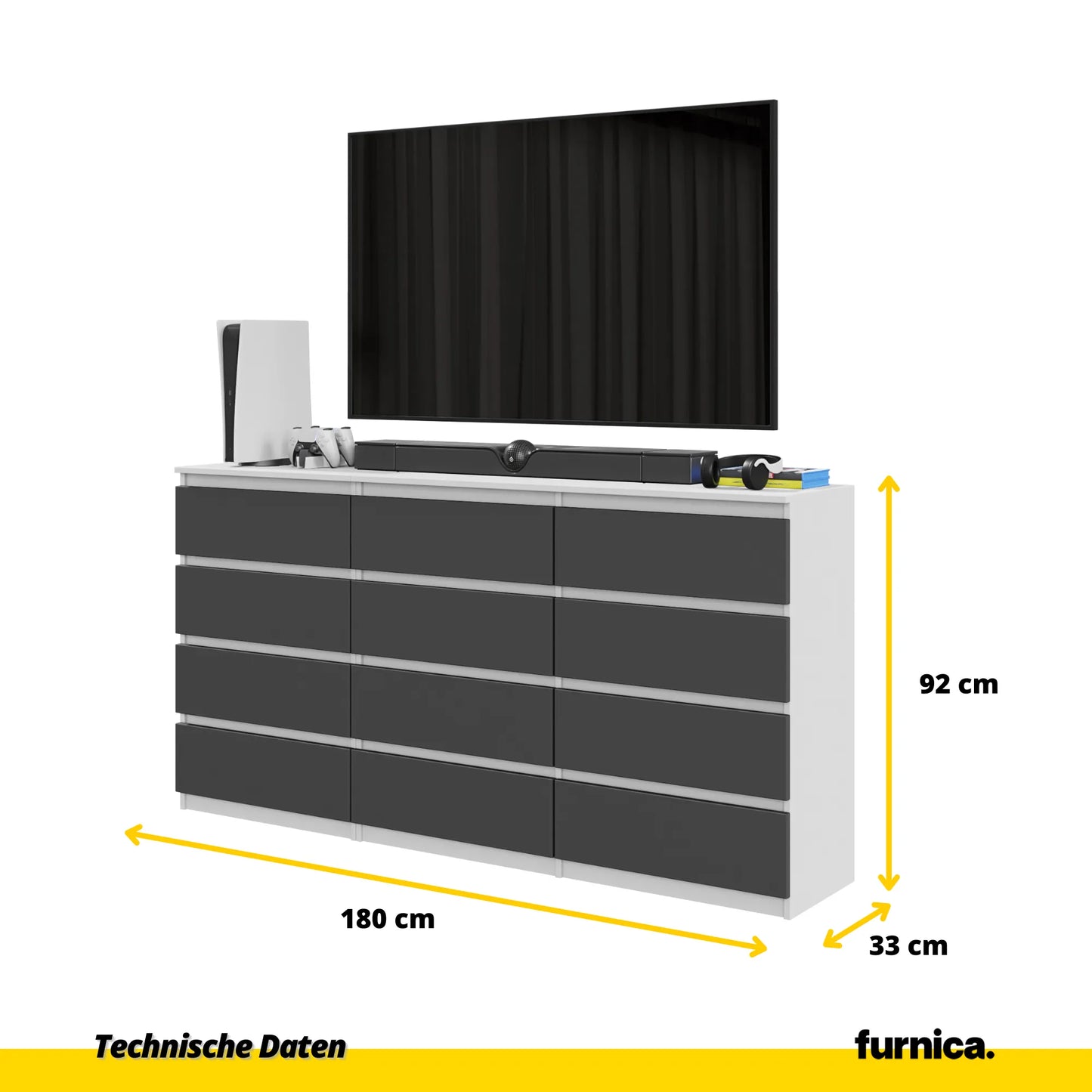 GABRIEL - Kommode / Sideboard mit 12 Schubladen (8+4) - Weiß Matt / Anthrazit H92cm B180cm T33cm – Furnica