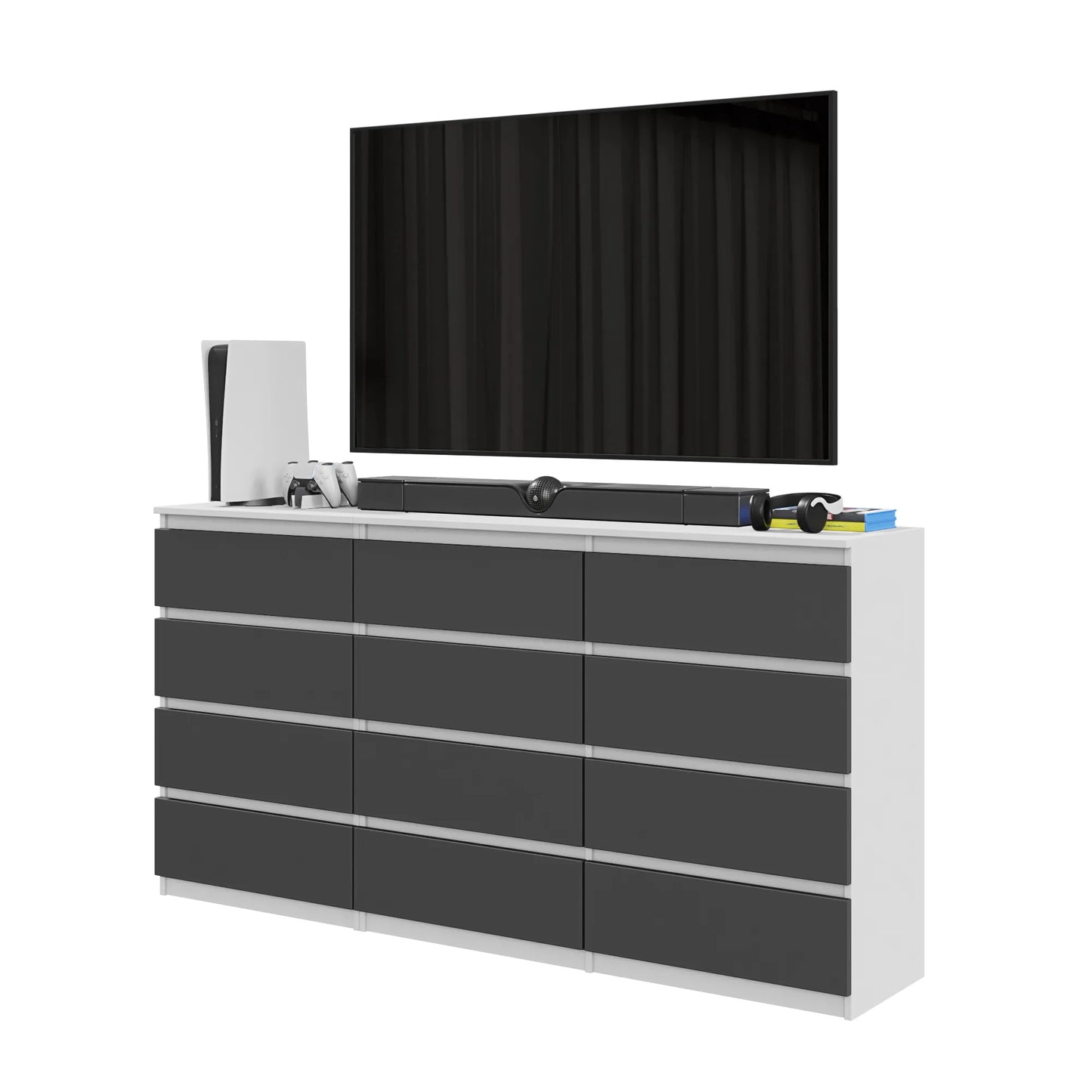 GABRIEL - Kommode / Sideboard mit 12 Schubladen (8+4) - Weiß Matt / Anthrazit H92cm B180cm T33cm – Furnica
