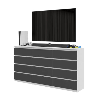 GABRIEL - Kommode / Sideboard mit 12 Schubladen (8+4) - Weiß Matt / Anthrazit H92cm B180cm T33cm – Furnica