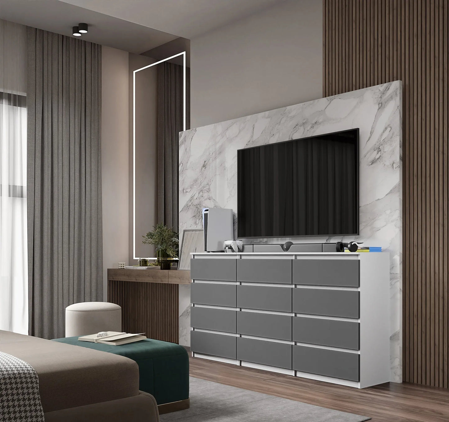 GABRIEL - Kommode / Sideboard mit 12 Schubladen (8+4) - Weiß Matt / Anthrazit H92cm B180cm T33cm – Furnica